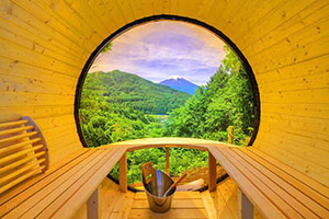 Interior of the private barrel sauna at Shakushi Gateway Camp