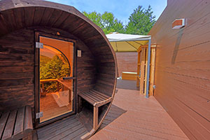 Daytime view of the outdoor sauna at Shakushi Gateway Camp